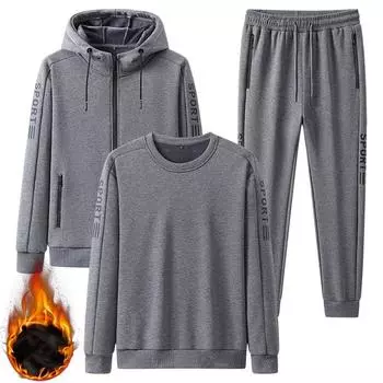 Мужские и женские комплекты: флисовая толстовка + брюки + пуловер, комплект из 3 предметов, осенне-зимний комплект: толстовка с капюшоном, спортивные штаны, мужской комплект, теплый толстый спортивный костюм L чёрный