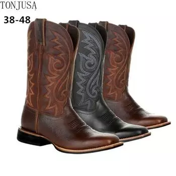Мужские и женские ковбойские сапоги в стиле вестерн с высоким вышитым винтажным рукавом и большим широким носком, большие размеры 38 чёрный