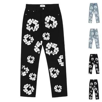 Мужские и женские модные свободные повседневные джинсы с цветочным принтом High Street S