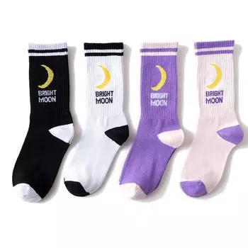 Мужские и женские носки в стиле хип-хоп, эластичные носки для экипажа, лунные буквы в полоску, хлопковые носки для пар с принтом