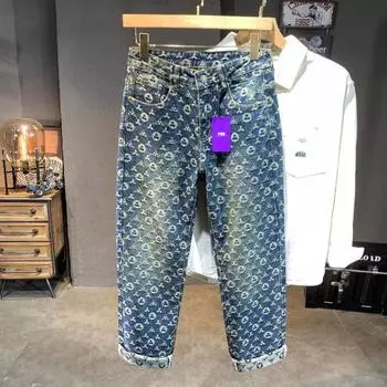 Мужские и Женские Одинаковые Американские Высококлассные Жаккардовые Джинсы Осень и Зима Новые Уличные Свободные Прямые Повседневные Широкие Брюки 28