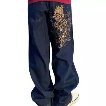 Мужские и женские повседневные модные свободные джинсы с широкими штанинами L темно-синий