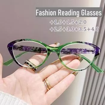 Мужские и женские ретро очки для чтения кошачий глаз роскошные флоральные принтованные очки для дальнего зрения пресбиопия модные трендовые дальнозоркость +1,0 +1,5 +4,0 +400 фиолетовый