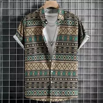 Мужские и женские рубашки с короткими рукавами, напечатанные на 3D-принтере, рубашки с воротником на пуговицах, одежда унисекс больших размеров, повседневная мода, ретро-этнические узоры S