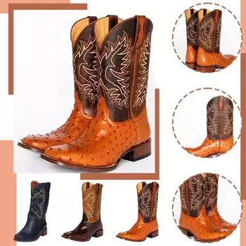 Мужские и женские сапоги средней длины на низком каблуке с острым носком и квадратным каблуком с вышивкой в одном стиле 35 чёрный