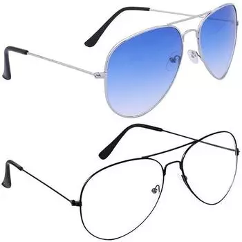 Мужские и женские солнцезащитные очки Dervin Aviator Combo (Синий, прозрачный) - Упаковка из 2 шт.