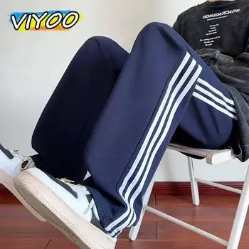 Мужские и женские свободные летние брюки y2k с полосками по бокам, мешковатые повседневные брюки, прямые брюки, спортивные брюки для бега, мужские корейские модные брюки L