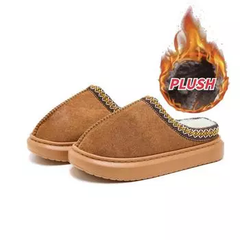 Мужские и женские тапочки, меховые тапочки, зимние меховые тапочки с толстой подошвой, домашние тапочки в этническом стиле с теплой подкладкой из нескользящего хлопка 36-37 хаки