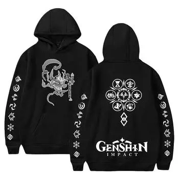 Мужские и женские толстовки с капюшоном Genshin Impact Hoodies Anime Streetwear Harajuku Casual Printed Hooded Pullover Sweatshirts XS чёрный