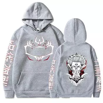 Мужские и женские толстовки с капюшоном Jujutsu Kaisen, одежда с длинными рукавами, анимированный веселый принт Ryomen Sukuna, стиль Харадзюку S чёрный