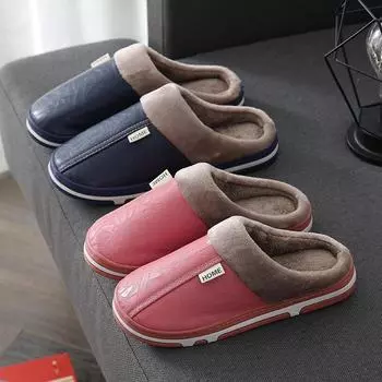 Мужские и женские зимние тапочки из искусственной кожи — водонепроницаемые, нескользящие, с толстой подошвой, теплая домашняя обувь. Male 44-45 темно-синий