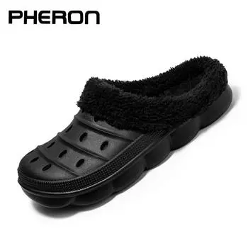 Мужские и женские зимние тапочки, меховые тапочки, теплые пушистые плюшевые садовые сабо, тапочки-мулы, домашние домашние тапочки для пар, шлепанцы 36 чёрный