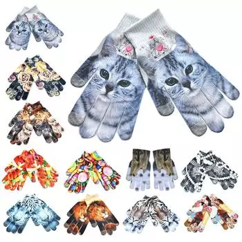 Мужские и женские зимние теплые вязаные перчатки с 3D принтом для экрана телефона Kitty Pet Симпатичные перчатки K