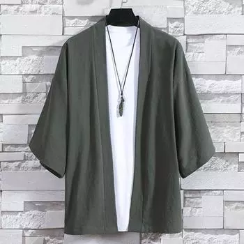 Мужские кимоно с открытой строчкой, японские куртки, повседневная хлопковая рубашка с рукавами 3/4, пальто с открытой передней частью, легкие льняные топы 5XL чёрный