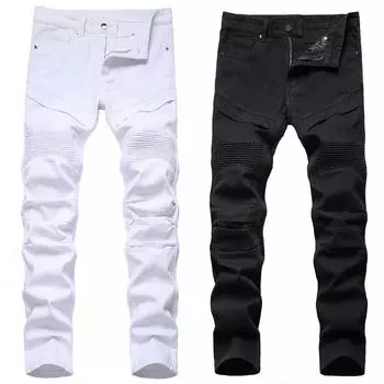 Мужские классические байкерские джинсы Joger, облегающие джинсовые брюки, потертые белые, черные джинсы с драпировкой до колена 42 белый