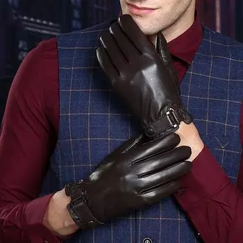 Мужские классические черные зимние перчатки из натуральной кожи, сенсорные тактические теплые варежки, спортивные перчатки для вождения с сенсорным экраном M чёрный
