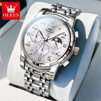 Мужские классические кварцевые часы из нержавеющей стали с тремя глазами и цифровым циферблатом, водонепроницаемые часы с календарем и фазами Луны золотой