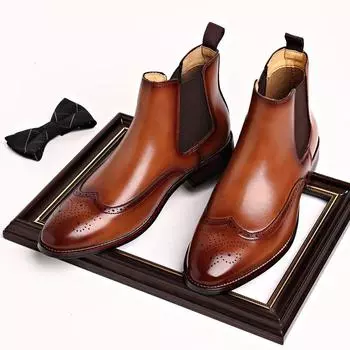 Мужские классические ретро-ботинки «Челси» Мужские кожаные ботильоны-броги Мужская мода Британский стиль Короткие ботинки Повседневная деловая обувь 38 (US 6) коричневый