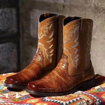 Мужские классические ретро-сапоги для верховой езды Мужские кожаные сапоги с тиснением и вышивкой до середины голени Мужские ковбойские сапоги в стиле вестерн Повседневная обувь с высоким берцем 38 (US 6) чёрный