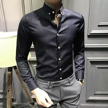 Мужские классические рубашки Мужские платья в вертикальную полоску Уличная одежда Тонкая мужская рубашка Повседневная рубашка с длинным рукавом M чёрный