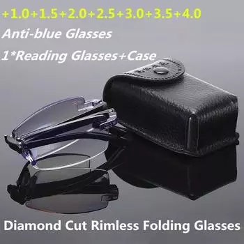 Мужские классические складные безрамные очки с бриллиантовой огранкой Голубые светлые очки TR90 Очки для чтения с кожаным футляром + 1,0 + 1,5 +2,0 +2,5 +3 +3,5 +4,0 1.0 чёрный