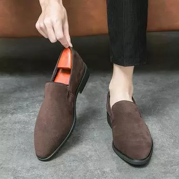 Мужские классические туфли из замши в стиле ретро, деловые туфли для свиданий, официальные туфли для вечеринок, туфли-лоферы, туфли на плоской подошве высокого качества с острым носком коричневого цвета 38 чёрный