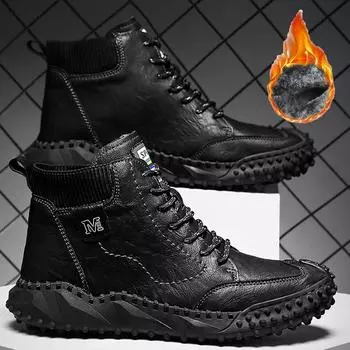 Мужские классические зимние мужские ботинки из натуральной кожи, плюшевые теплые мужские зимние ботинки, водонепроницаемые уличные римские мужские рабочие ботинки, мужские мотоциклетные ботинки 38 чёрный