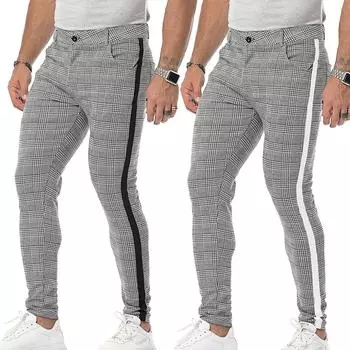 Мужские клетчатые брюки, тонкие зауженные повседневные эластичные классические брюки с плоской передней частью и расширяемой талией, клетчатые классические брюки M белый