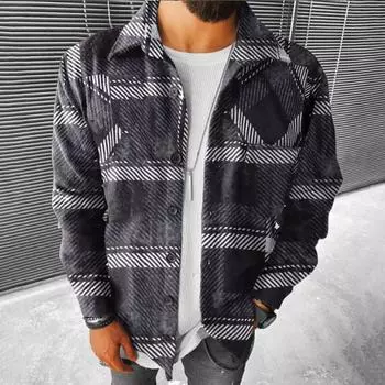 Мужские клетчатые рубашки с длинным рукавом, фланелевая куртка с лацканами на пуговицах и карманами, пальто XXXL чёрный