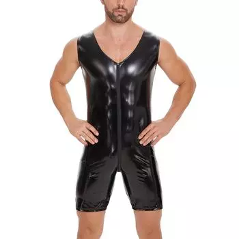 Мужские комбинезоны из лакированной кожи без рукавов с мокрым эффектом и молнией в промежности, глянцевое боди, нижнее белье, клубный костюм для танцев на пилоне, черная клубная одежда S