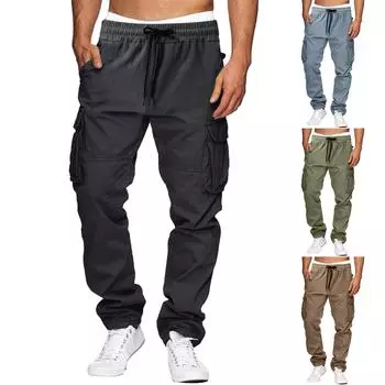 Мужские комбинезоны, повседневные брюки с несколькими карманами и завязками, походные брюки, хлопковые саржевые брюки L чёрный
