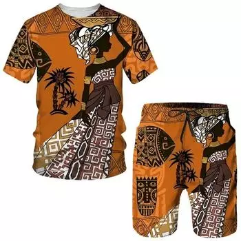 Мужские комплекты футболок с африканским рисунком для девочек, футболка в этническом стиле с 3D принтом, шорты, комплект из двух предметов, повседневный пуловер большого размера, спортивный костюм XL