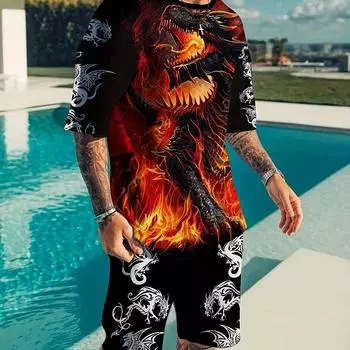 Мужские комплекты из 2 предметов с 3d узором дракона, удобная футболка и повседневные шорты на лето, мужская одежда S
