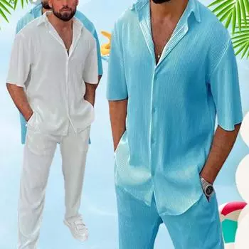 Мужские комплекты из двух частей: рубашка с коротким рукавом и пуговицами на лацканах, белого и синего цвета + длинные брюки. Повседневные мягкие пляжные наряды для мужчин. Комплекты. S белый