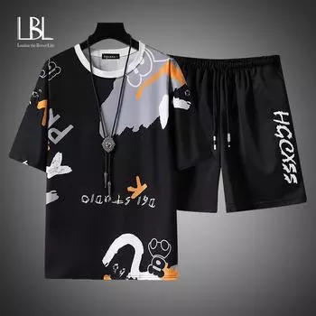 Мужские комплекты из двух предметов, летний короткий спортивный костюм 2023, мужские комплекты с шортами, новая модная футболка, шорты, спортивный костюм, повседневная уличная одежда 4XL