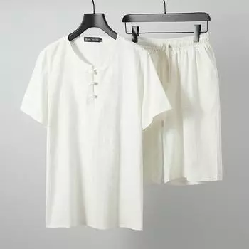Мужские комплекты из двух предметов: весна-лето, рубашка с короткими рукавами и брюки, комплекты одежды для мужчин, однотонные хлопковые комплекты одежды, мужские 9XL белый