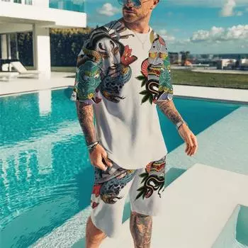 Мужские комплекты, модная одежда для Ink sty, уличная одежда с 3D принтом, футболка, шорты, костюм из 2 предметов, повседневная спортивная одежда больших размеров, мужской спортивный костюм 6XL