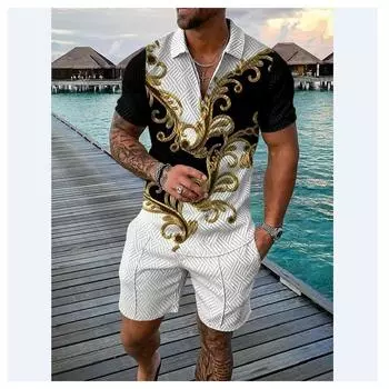 Мужские комплекты, мужские однотонные летние свободные рубашки-поло с 3D-принтом и застежкой-молнией с короткими рукавами, шорты, комплект из 2 предметов, мужской повседневный костюм XXXL