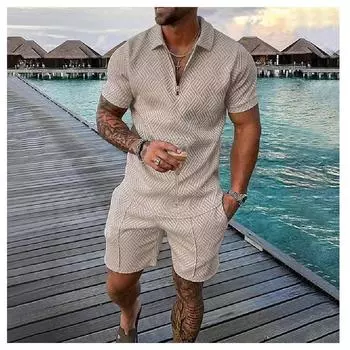 Мужские комплекты, мужские однотонные летние свободные рубашки-поло с 3D-принтом и застежкой-молнией с короткими рукавами, шорты, комплект из 2 предметов, мужской повседневный костюм XXXL