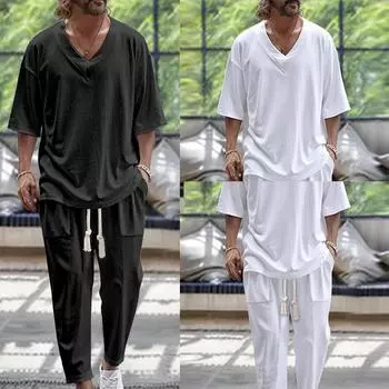 Мужские комплекты, повседневные летние тонкие свободные однотонные футболки с короткими рукавами и V-образным вырезом + брюки с карманами на шнурке, повседневный костюм из двух частей M белый