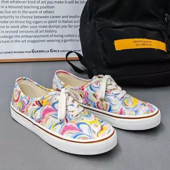 Мужские корейские радужные кроссовки из парусины с граффити — модные низкие кроссовки для пар в уличном стиле VT59, 38 бежевый/чёрный
