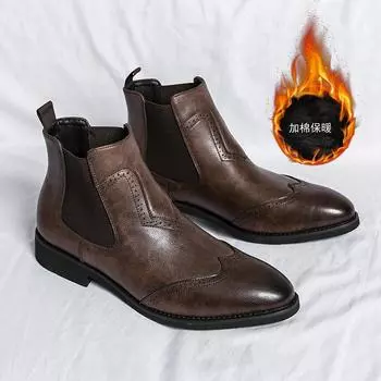 Мужские коричневые ботинки-броги в британском стиле, кожаные высокие остроносые ботинки, мужские туфли на осень-зиму, теплые ботильоны на меху для мужчин 38