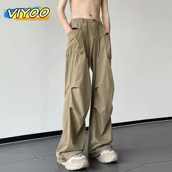 Мужские коричневые летние быстросохнущие беговые брюки с парашютом Y2K, брюки-карго, широкие мешковатые брюки, спортивные штаны в корейском стиле, 2023 г. M чёрный
