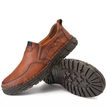 Мужские коричневые походные ботинки, мокасины без застежек, обувь для вождения, повседневные лоферы, кожаные туфли ручной работы для активного отдыха, широкие туфли для отца 38 чёрный