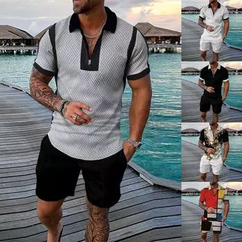 Мужские короткие комплекты, комплект из 2 предметов, летний спортивный костюм, рубашка с короткими рукавами и шорты, повседневный спортивный костюм L золотой