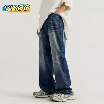 Мужские кошачьи усы, винтажные прямые брюки из 88% хлопка, мешковатые широкие брюки, рваные джинсы для мужчин, модная корейская одежда L синий