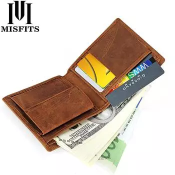 Мужские кошельки из натуральной кожи MISFITS Crazy Horse, кожаный мужской кошелек, карман для монет и держатель для карт, высококачественные кошельки для мужчин