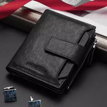 Мужские кошельки из натуральной кожи BISON DENIM, модный кошелек на молнии, карман для монет, кошелек, держатель для карт чёрный