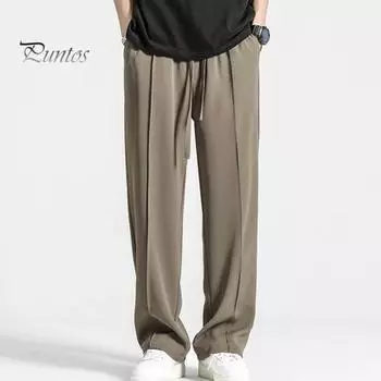 Мужские костюмные брюки Свободные ледяные шелковые быстросохнущие эластичные талии на шнурке с широкими боковыми карманами Сплошной цвет Спортивные спортивные штаны для тренировок Длинные брюки 3XL чёрный