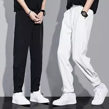 Мужские костюмные брюки Свободные ледяные шелковые тонкие карманы на щиколотках с эластичной резинкой на талии Сплошной цвет Тренажерный зал Формальные деловые брюки Девятые спортивные штаны 2XL чёрный